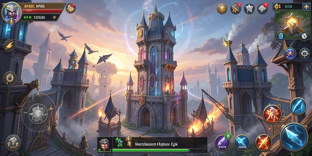 Screenshot gameplay AP686 dengan menara pertahanan yang melawan gelombang musuh.