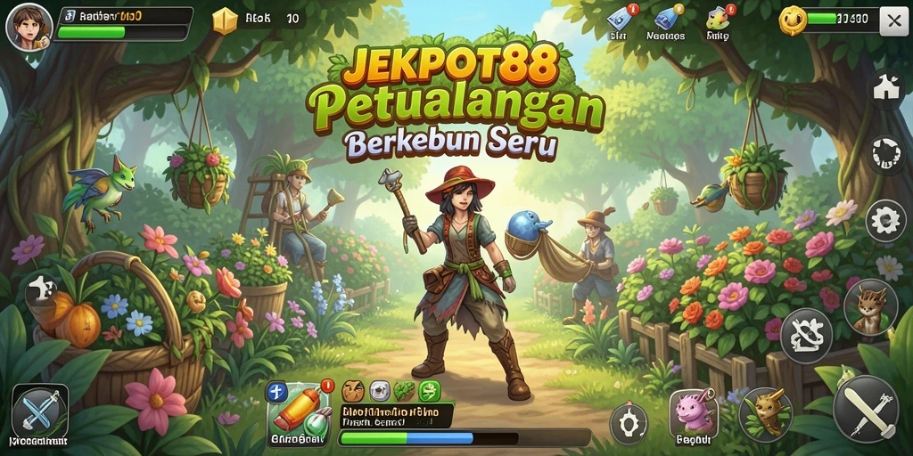 Tampilan gameplay JEKPOT88 dengan aktivitas berkebun yang seru.