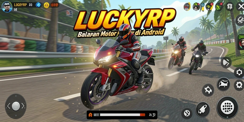 Screenshot gameplay LUCKYRP menampilkan balapan motor yang seru dan grafis menawan.